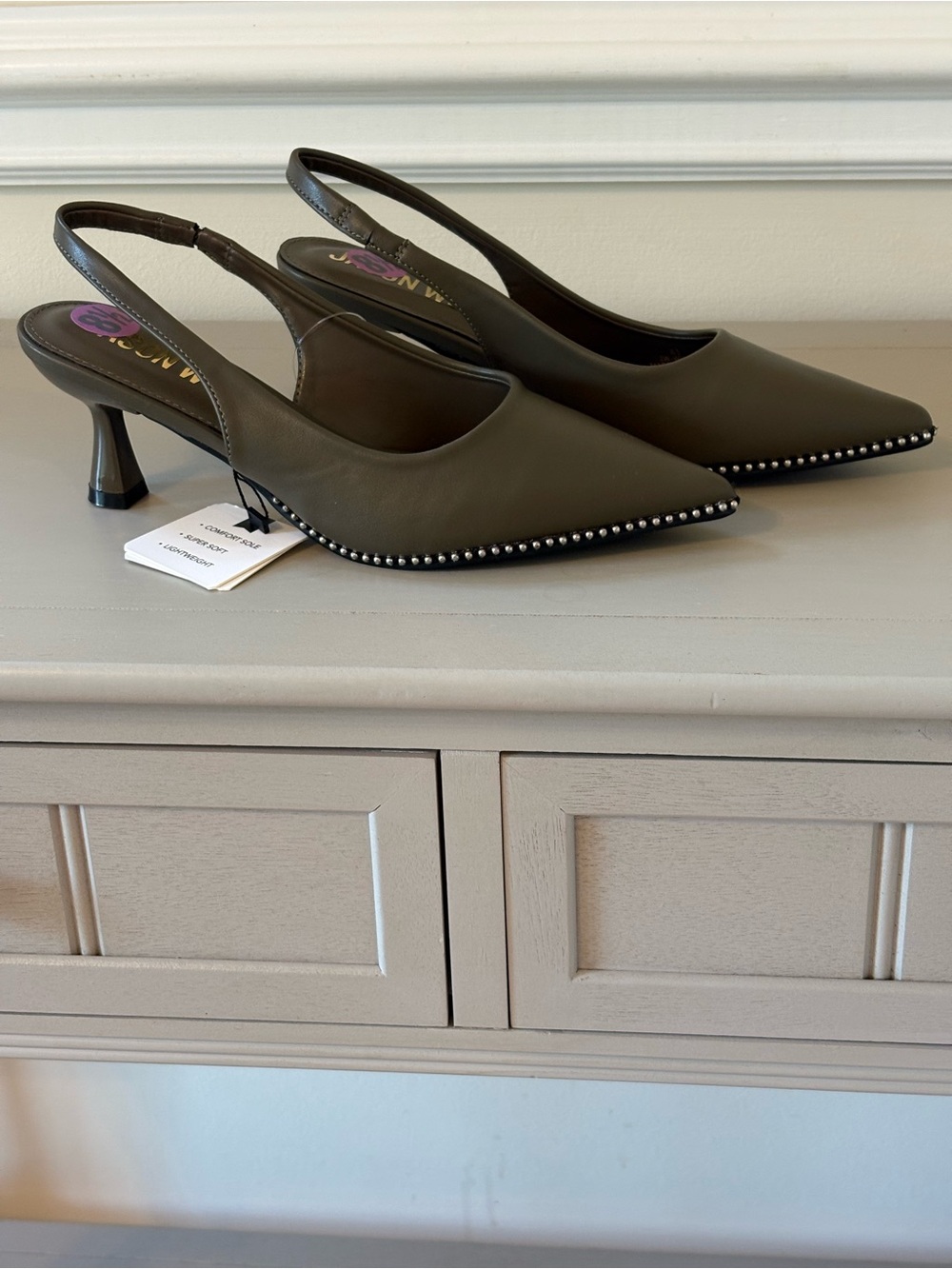 Slingback Pointed-Toe Heels in Olive Green with Stud Trim